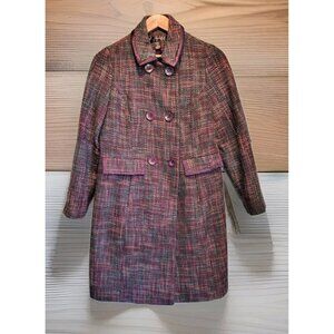 Vtg Purple Green Tweed Double Breasted Wool Blend Long Cottagecore Coat Sz 8